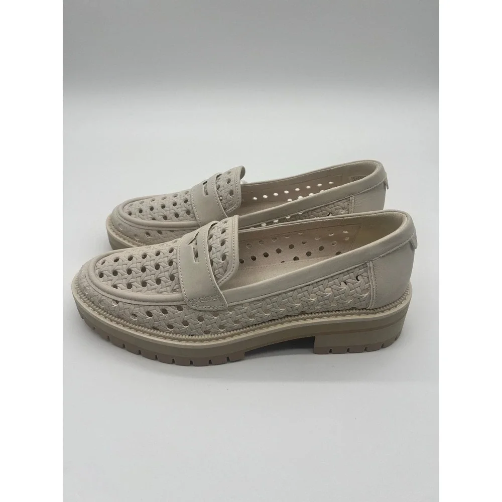 TOMS Women Cara Loafers Light Sand Leather Embossed Perf Lug Sole Size 10